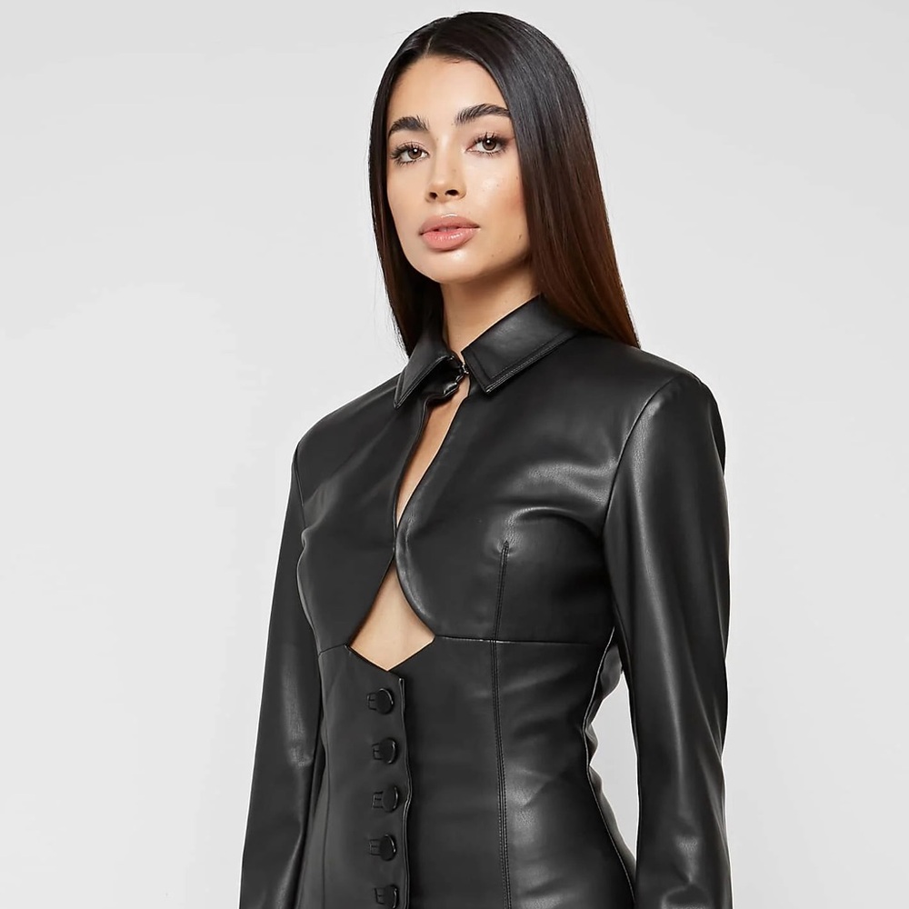 Maniere De Voir Black Faux Leather Mini Dress